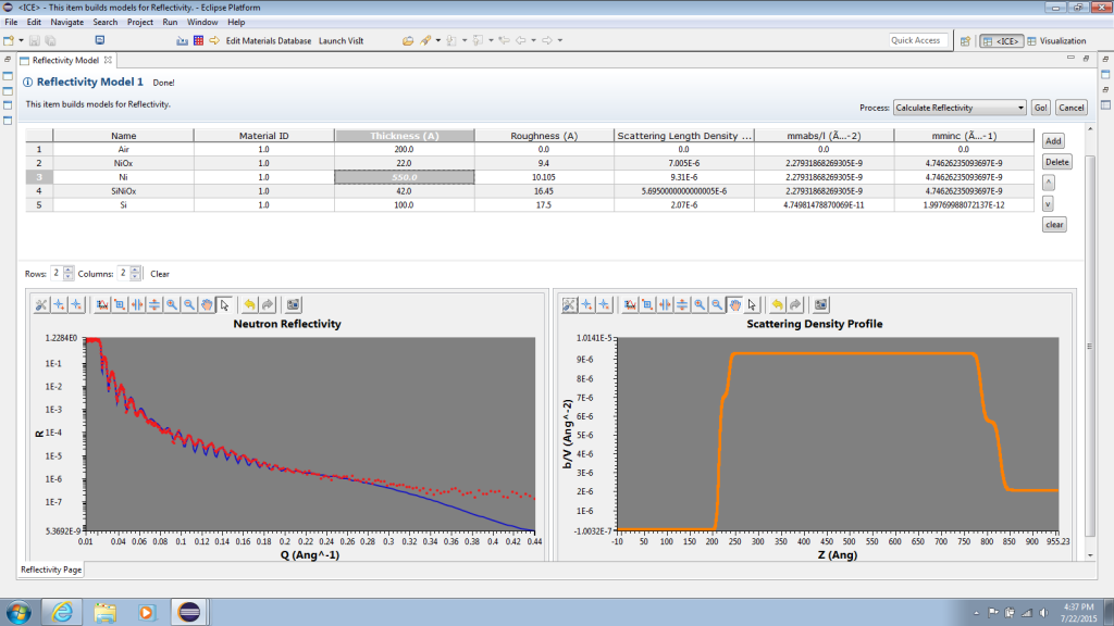 ICE's new Neutron Reflectivity Calculator showing the material table and the output plots.